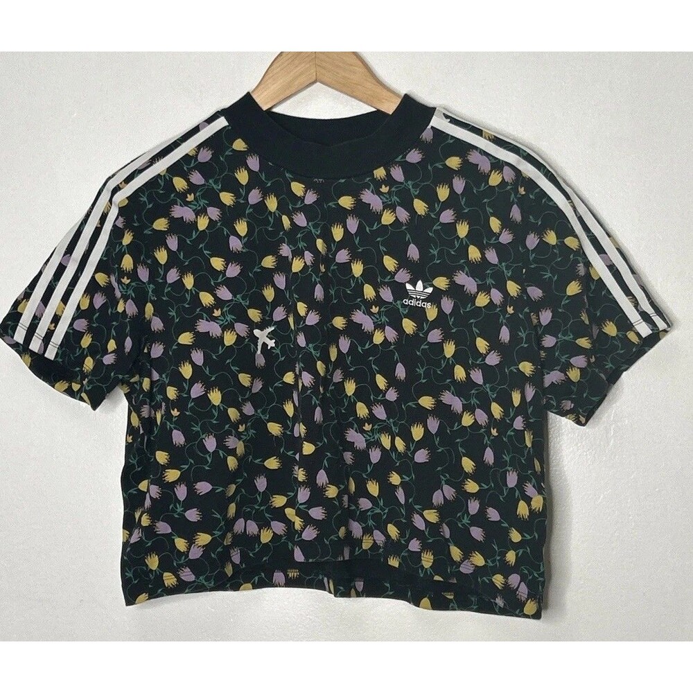 Adidas Allover Print Crop Top Women’s Large Floral Black Purple Sport Athleisure - Picture 2 of 6